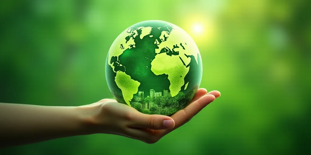 a hand holding a green globe with icons surrounding it and a green background with trees and buildin