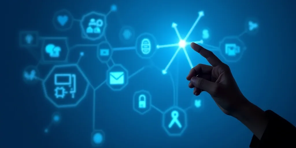 a hand pointing at a blue wall with a bunch of icons on it and a finger pointing at it, Andries Stoc