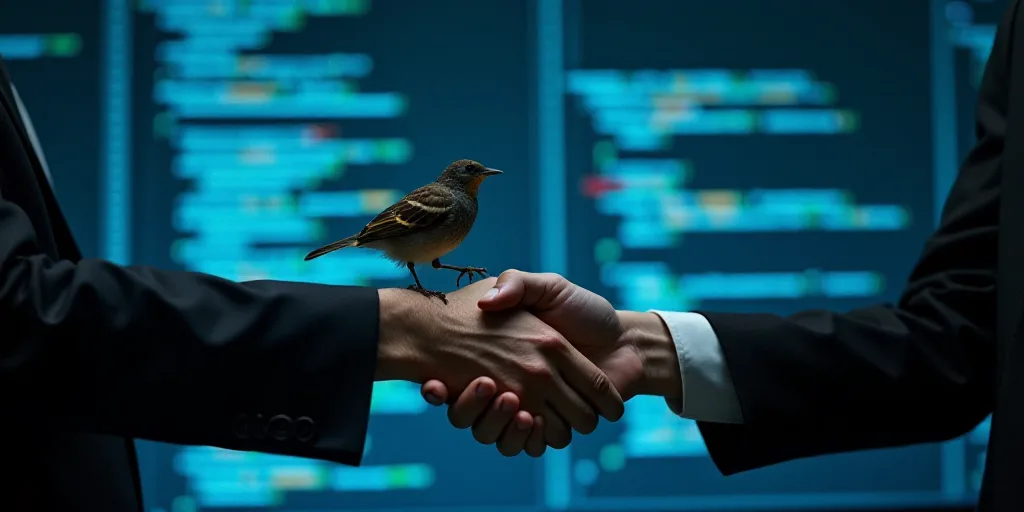 a hand shaking another hand with a bird on top of it, in front of a computer screen with a backgroun