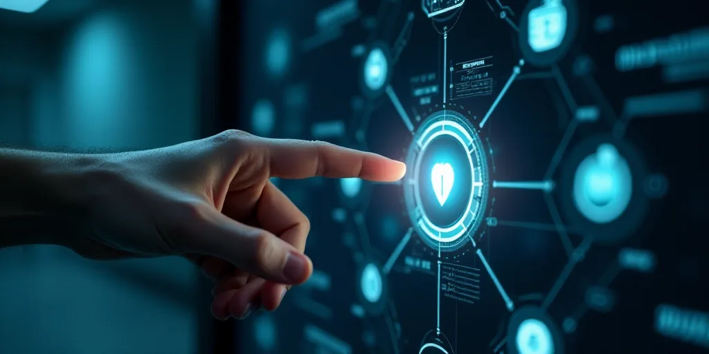 a hand touching a button on a futuristic interface with icons and symbols surrounding it and a finge
