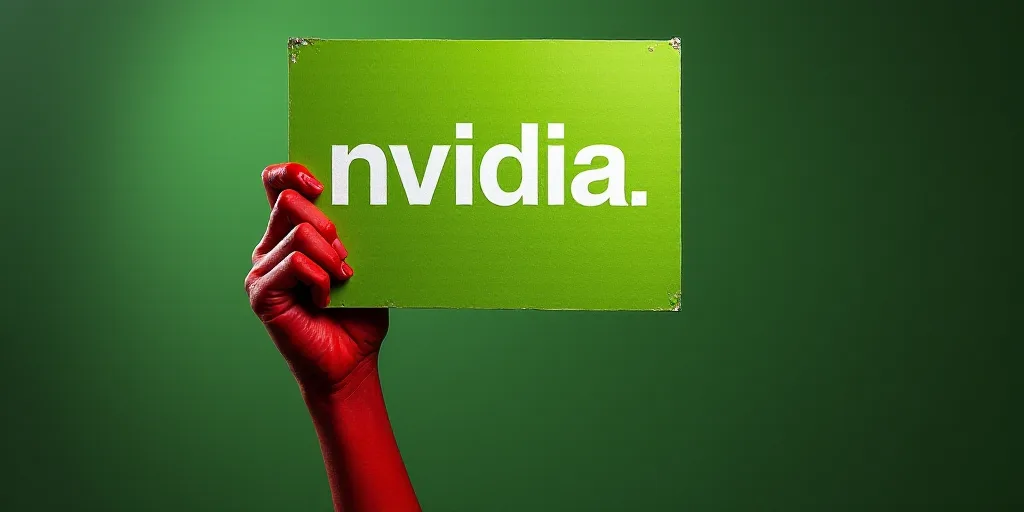 a hand with red paint holding up a green and white sign with the word nvidia on it, Andries Stock, n