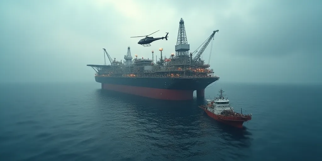 a helicopter is flying over a large oil rig in the ocean with a helicopter nearby on the deck of the