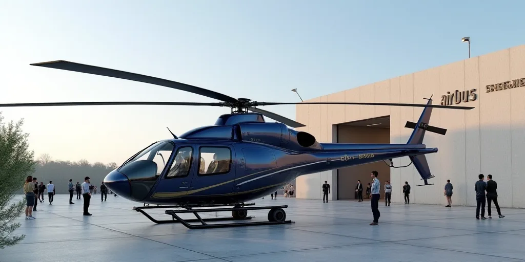 a helicopter parked in front of a hangar with people standing around it and a building behind it wit