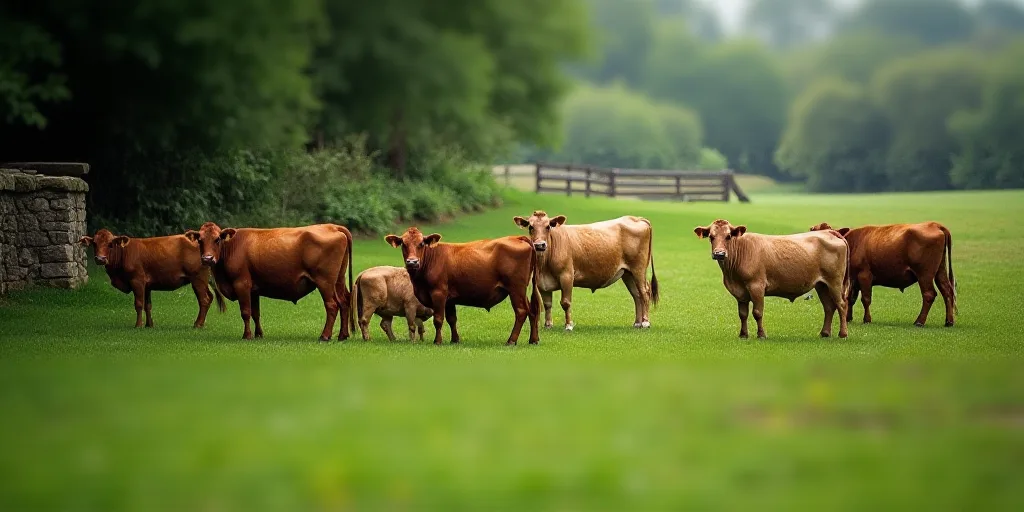 a herd of cattle grazing on a lush green field next to a fenced in area with trees and a stone pilla