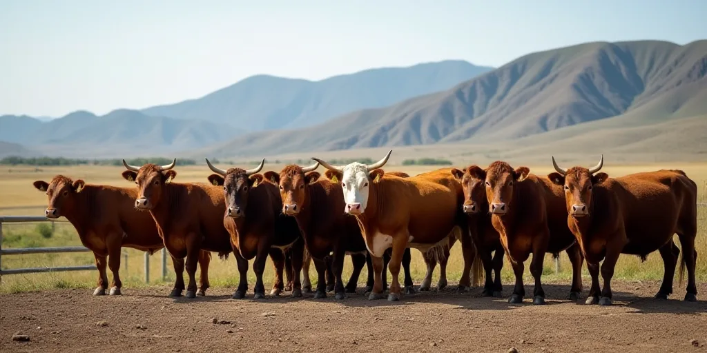 a herd of cattle standing next to each other on a dirt field next to a fence and a mountain, Andries