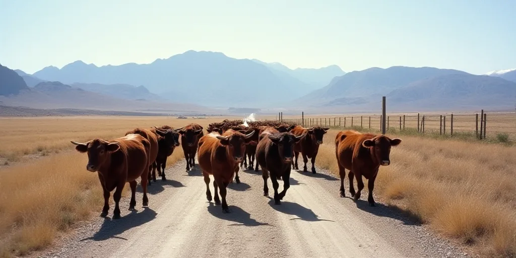 a herd of cattle walking down a dirt road next to a fenced in area with mountains in the background,