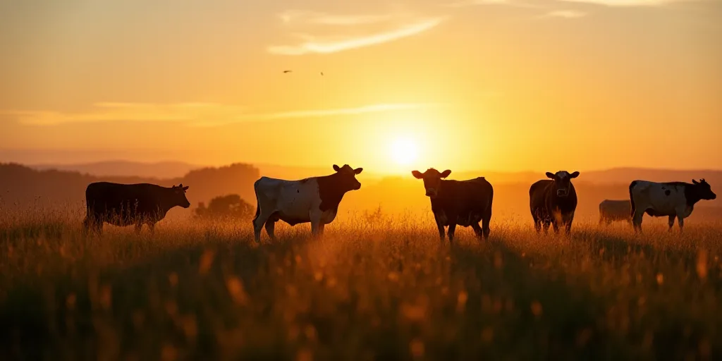 a herd of cows standing on top of a grass covered field at sunset or dawn in a field of grass, Arie