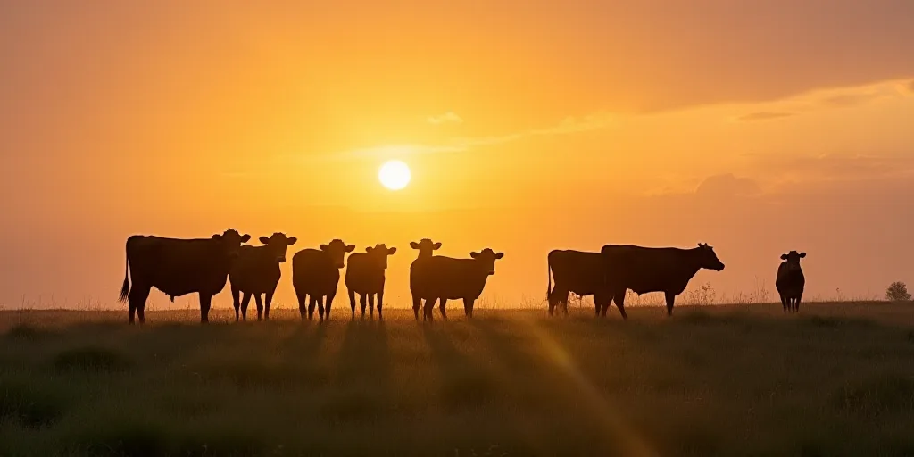 a herd of cows standing on top of a grass covered field at sunset or dawn in a field of grass, Arie