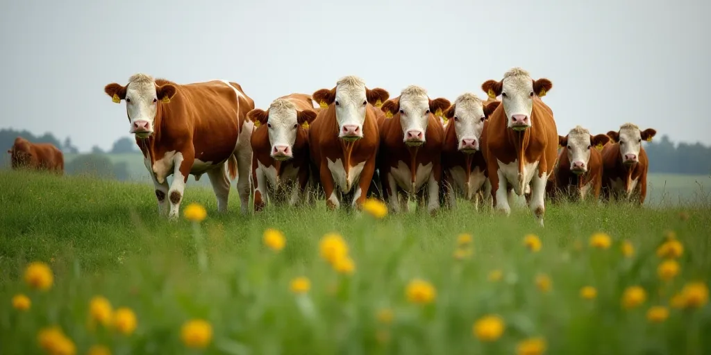 a herd of cows standing on top of a lush green field of grass covered in yellow tags and yellow tags