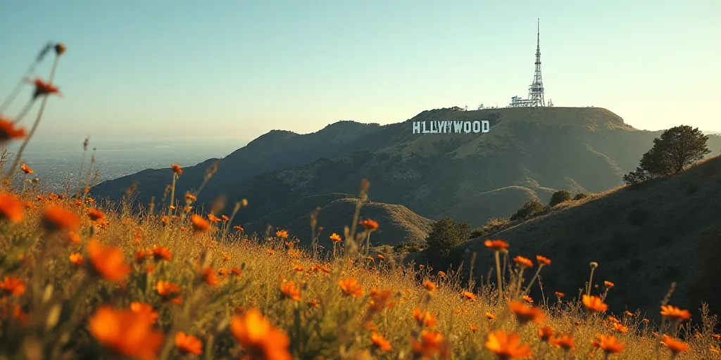 a hollywood sign is seen on a hill with wildflowers in the foreground and a radio tower in the backg
