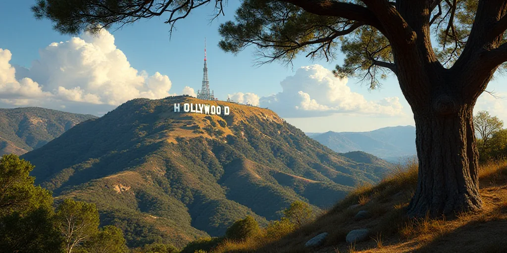 a hollywood sign is seen through a tree branch in front of a hill with a radio tower on top, Edward