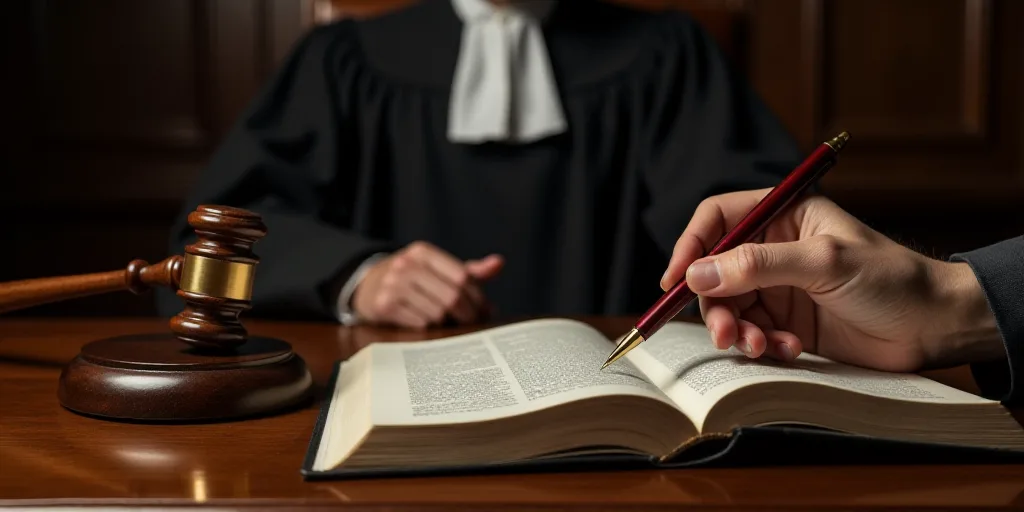 a judge and a judge's desk with a book and a gavel on it and a person holding a pen, Enguerrand Quar