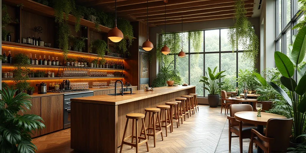 a kitchen with a bar and a lot of plants on the wall and a lot of wine glasses on the counter, Brass