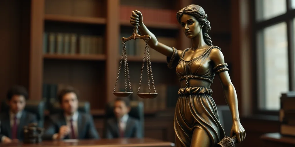 a lady justice statue holding a scale of justice in front of a law office filled with people and a b