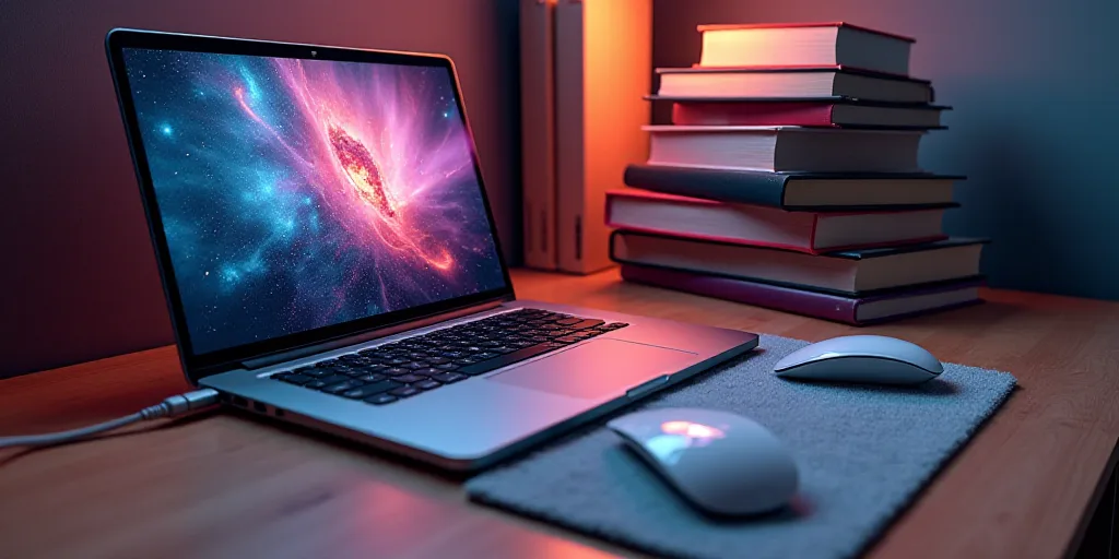 a laptop computer sitting next to a stack of books and a mouse pad with a mouse on it and a mouse pa