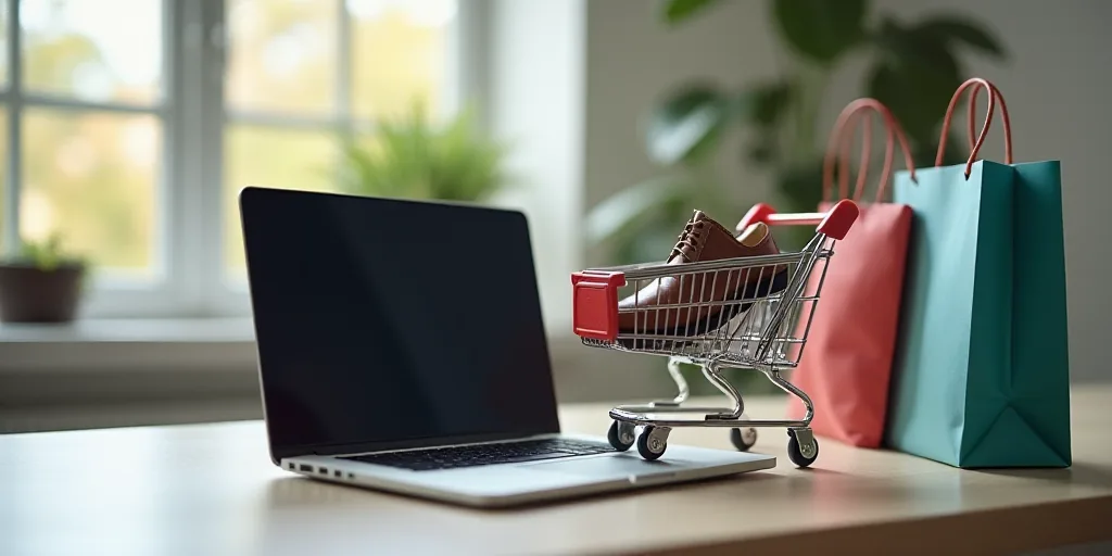 a laptop computer with a shopping cart and shoes on it next to a shopping cart and a shopping bag, A