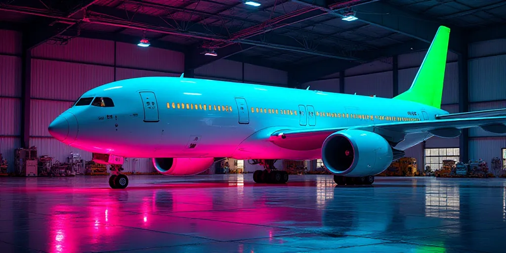 a large airplane is parked inside of a hangar with a green tail fin on the side of it's wing, Ei-Q,