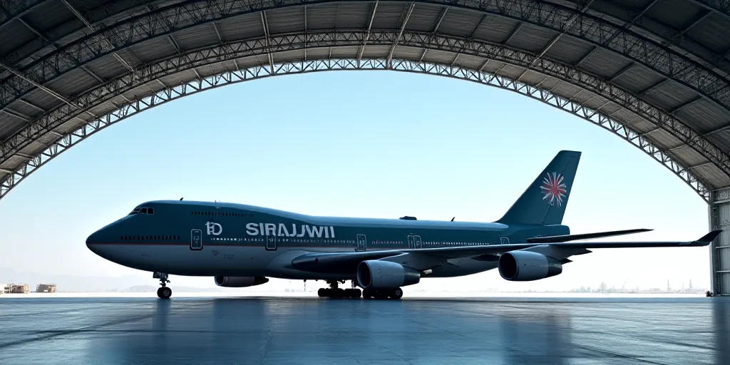 a large airplane is parked inside of a hangar with a sky background and a ceiling with a large metal