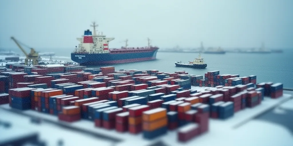 a large amount of cargo containers are parked in a harbor in the snow, with a large ship in the back