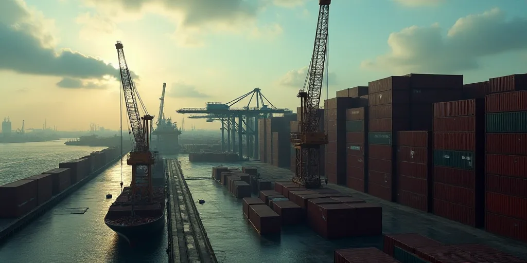 a large amount of containers are stacked up in a harbor area with cranes in the background and a cra