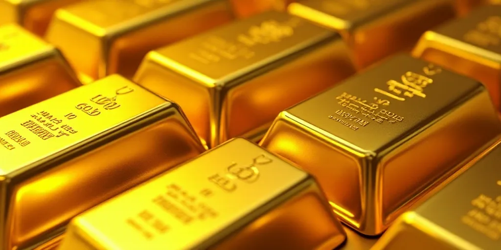 a large amount of gold bars are stacked together in rows and stacked on top of each other, with the