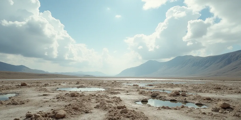 a large area of dirt with rocks and water in the background and a sky with clouds in the background,
