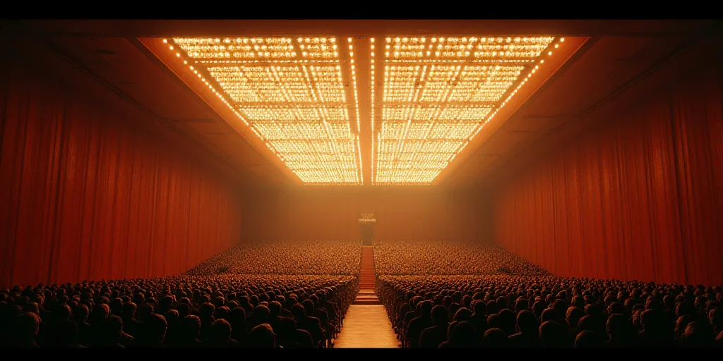 a large auditorium with a lot of people in it and a lot of lights on the ceiling and a lot of people