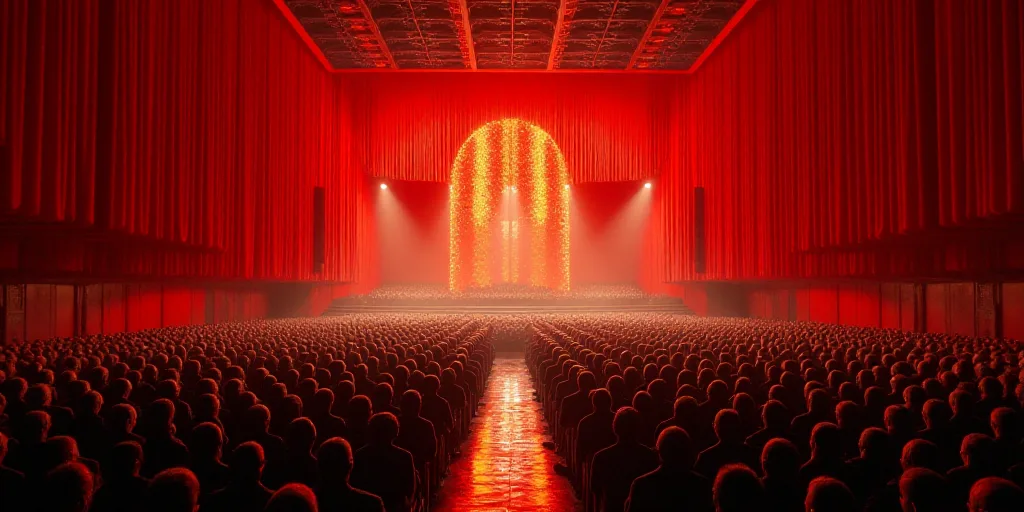 a large auditorium with a lot of people in it and a lot of red curtains on the walls and ceiling, Da