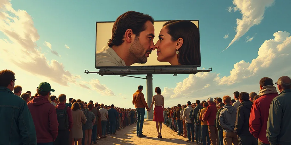 a large billboard with a picture of a couple on it and a couple of people on it in front of a crowd