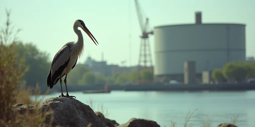 a large bird standing on a rock near a body of water with a crane in the background and a large buil