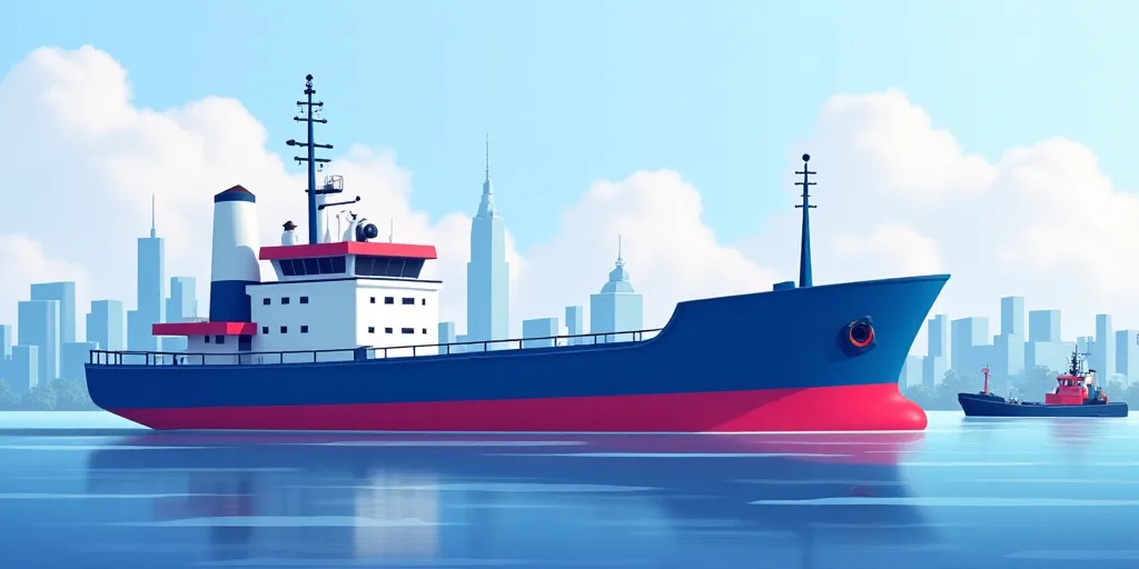 a large blue and red ship in the water with a city in the background and a tug boat in the water, Co
