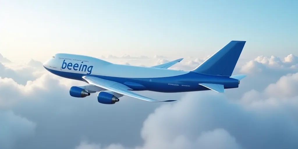 a large blue and white jet flying through a cloudy sky with the word boeing written on it's side, Be
