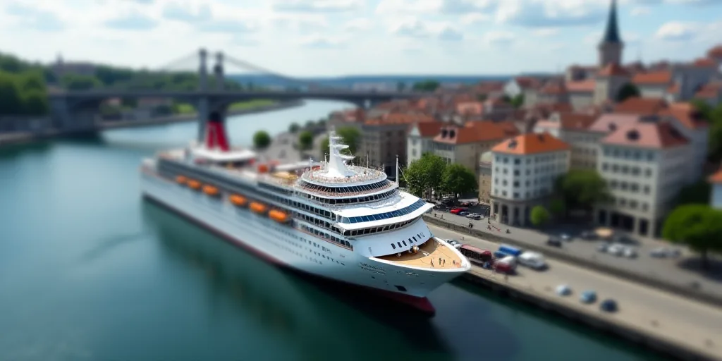 a large boat is docked in a harbor next to a city and a river with a bridge and a few cars, Esaias B