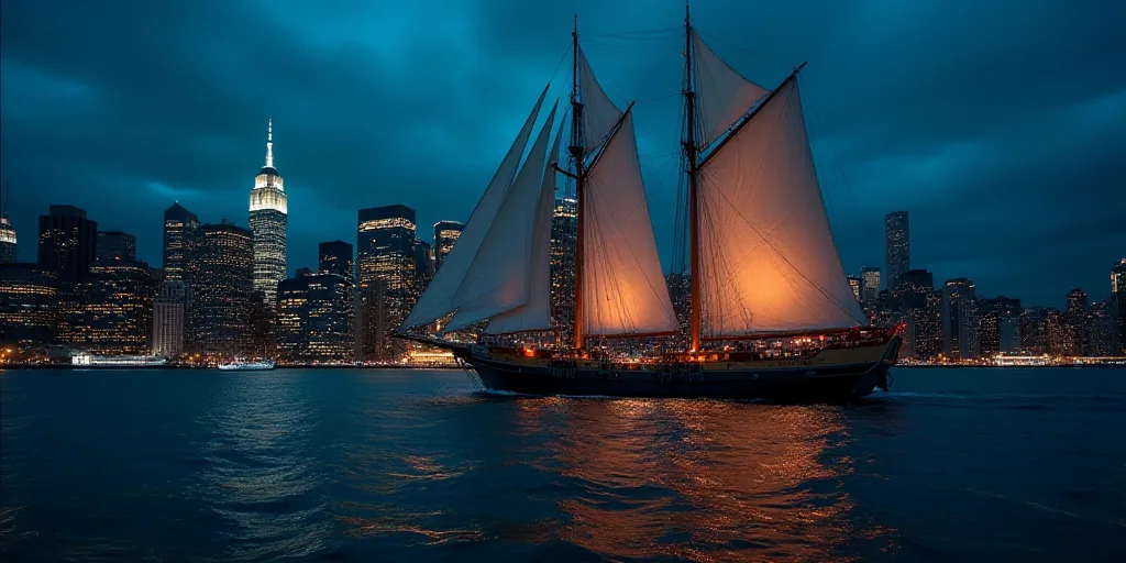 a large boat with sails and sails on the water in front of a city skyline at night with lights on, C