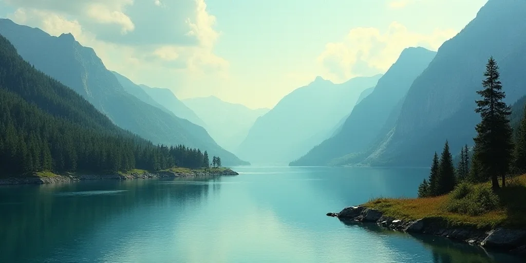 a large body of water surrounded by mountains and trees in the middle of a large body of water surro