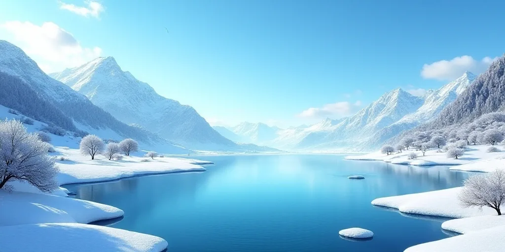 a large body of water with snow on it and mountains in the background with a blue sky and a few clou