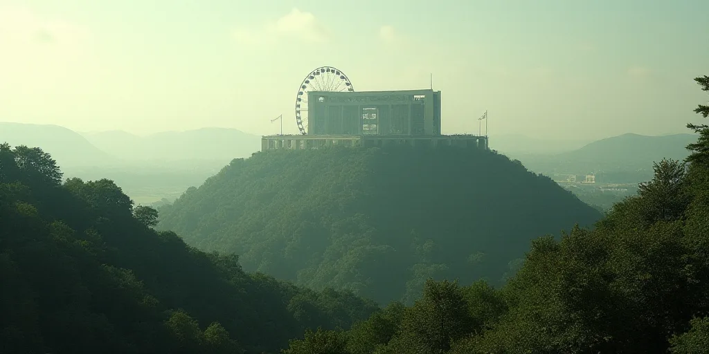 a large building on top of a hill surrounded by trees and a ferris wheel in the distance with a ferr