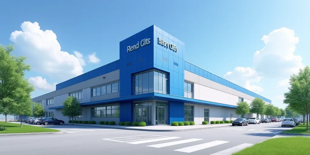 a large building with a blue roof and a blue sign on the front of it that says jbs, Andries Stock, b