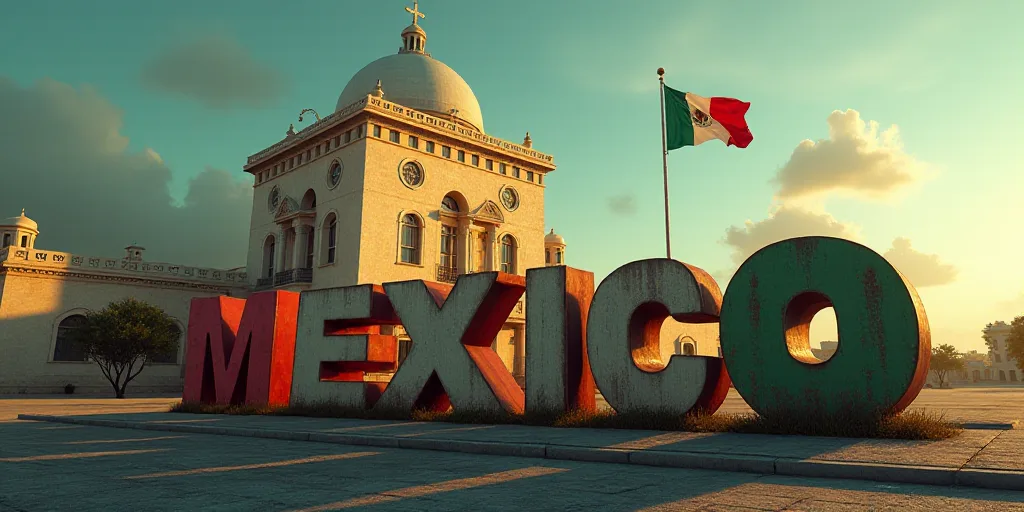 a large building with a flag and a large sign in front of it that says mexico next to a flag, Eddie