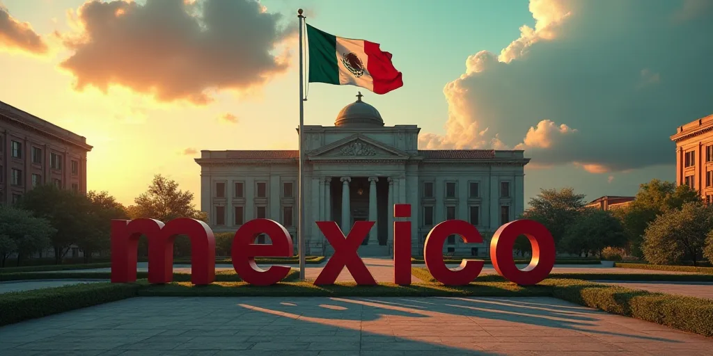 a large building with a flag and a large sign in front of it that says mexico next to a flag, Eddie