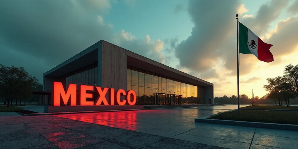 a large building with a flag and a large sign in front of it that says mexico next to a flag, Eddie