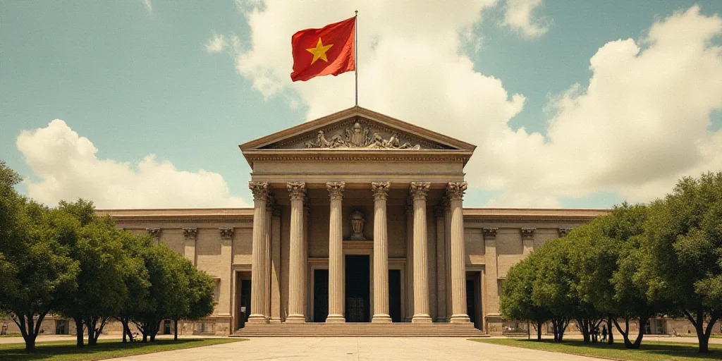 a large building with a flag flying in the wind on top of it's roof and trees in front of it, David