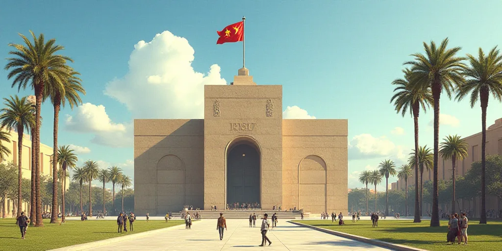 a large building with a flag on top of it and people walking around it in front of it and palm trees