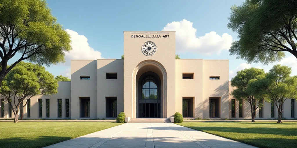 a large building with a large entrance and a clock on the side of it's face and a tree in front of i