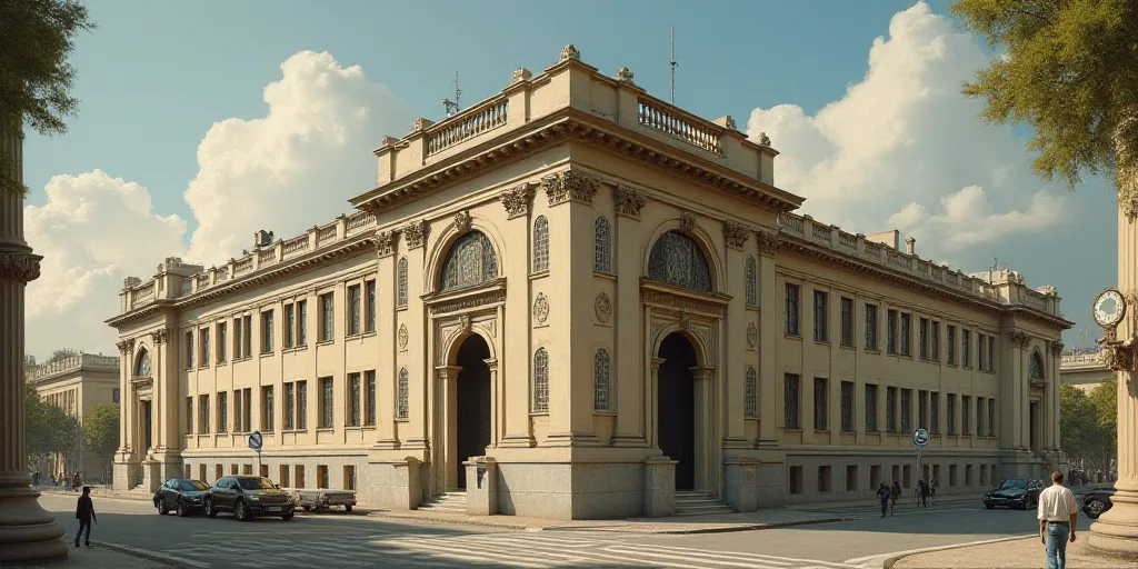 a large building with a lot of windows and a clock on the side of it's face and a street sign, Engue