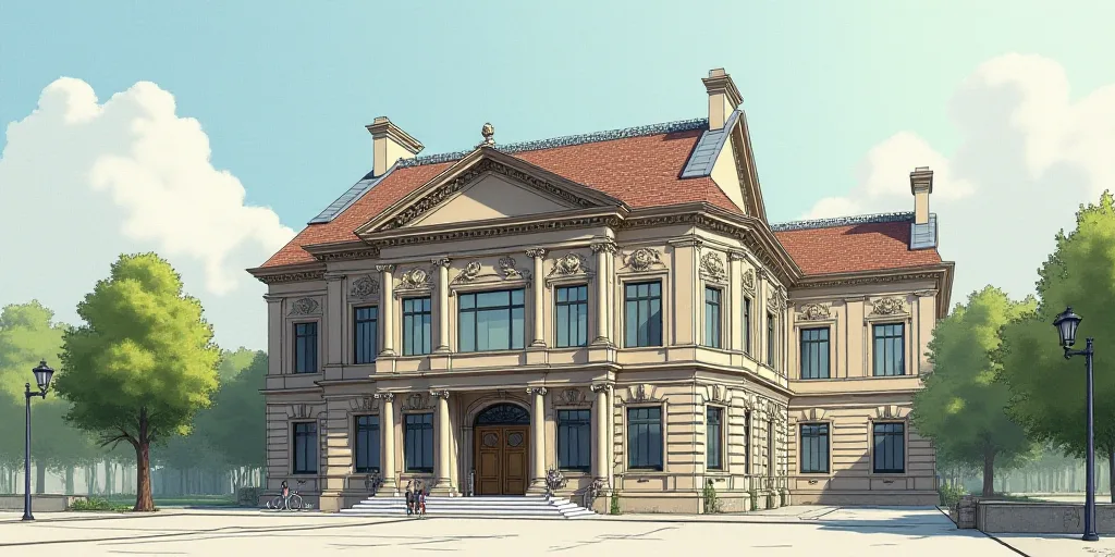 a large building with a lot of windows and a street sign in front of it and a few trees, Enguerrand