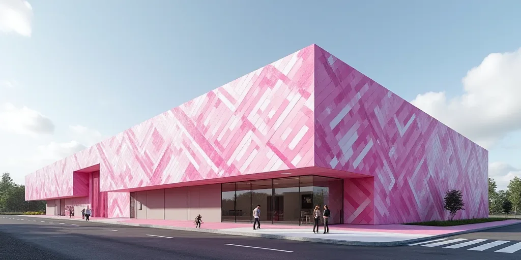 a large building with a pink and white design on it's side and a pink and white sign on the side of