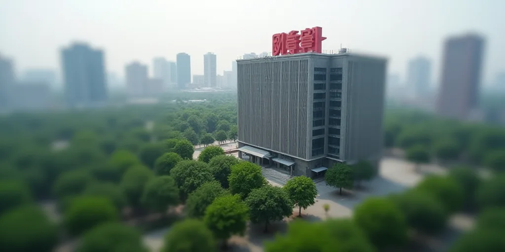 a large building with a red sign on top of it's side in a city park area with trees and buildings, C