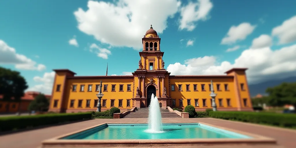 a large building with a tower and a fountain in front of it with a sky background and clouds in the
