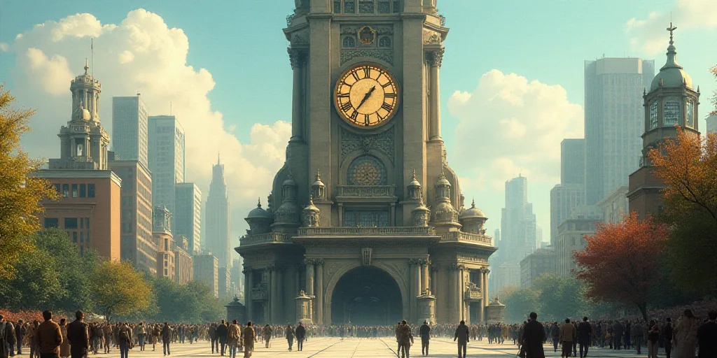 a large building with a tower that has a clock on it and people standing around it in a city, Bracha